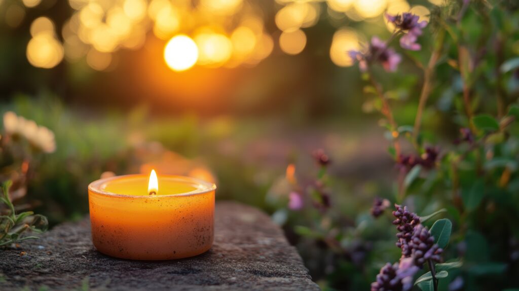 Candle as a guiding light set in a peaceful nature scene.